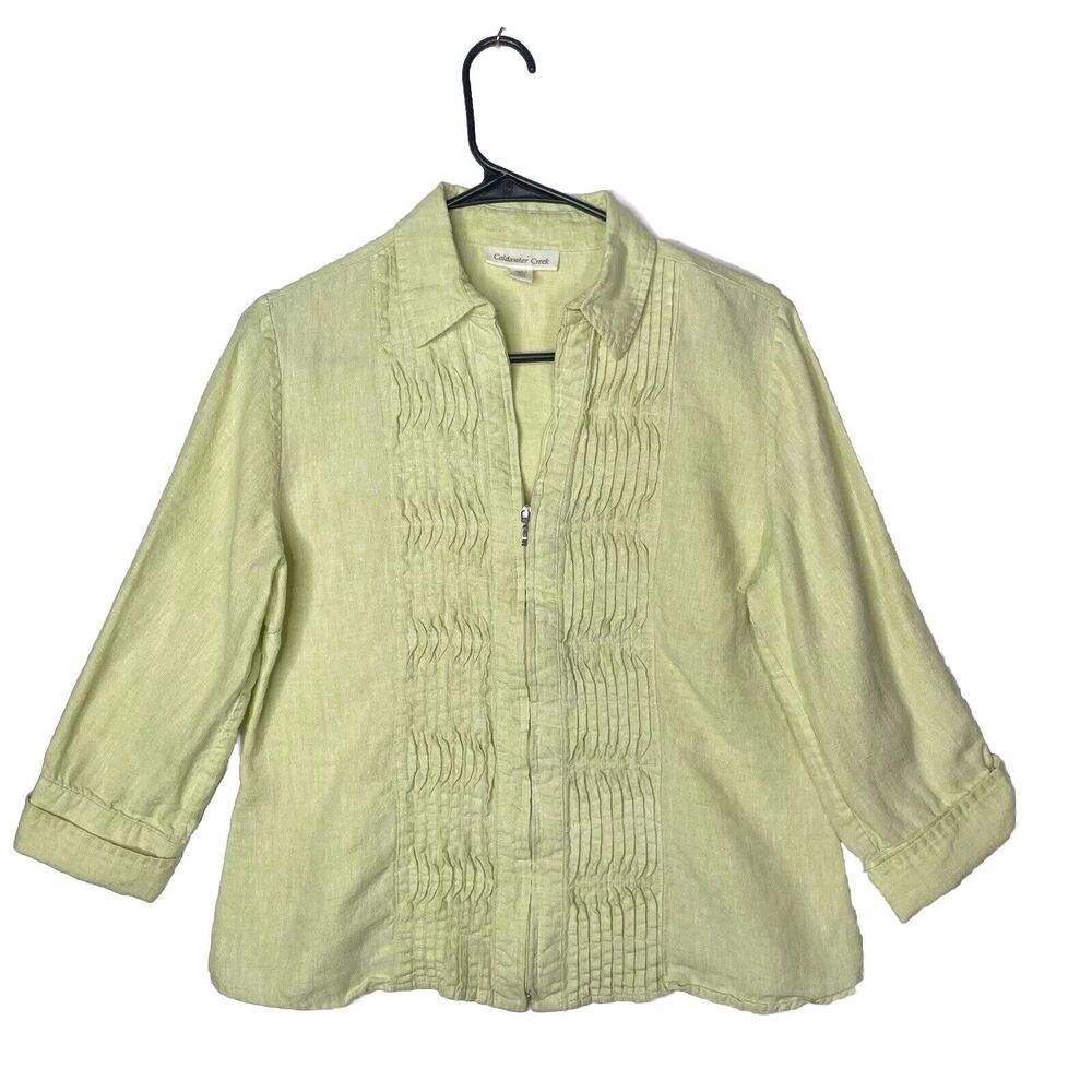 100% Linen Pintuck Zip Blouse Light Green PM‎ Coastal Cottagecore Lagenlook